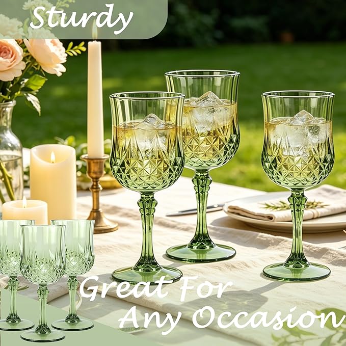 48Pack Plastic Wine Glasses, 7oz Vintage Goblets for Wedding | Unbreakable Crystal Style Reusable Stemware, Elegant New Green Drinking Glass for Party Anniversary & Holiday Celebration