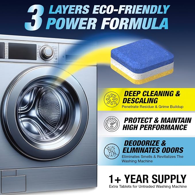 Washing Machine Cleaner Descaler, 28 Pack, Designed for Front Loader Washer | Deep Cleaning Tablets for HE, Septic Safe Eco-Friendly Deodorizer, Clean Inside Drum, Clean Laundry Tub Seal, 1+ Year Supply