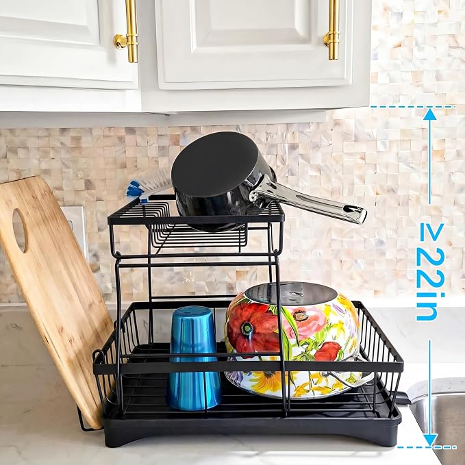 7 code 2-Tier Large Dish Drying Rack for Kitchen Counter, Black | Detachable Large Capacity Dish Drainer Organizer with Auto Drain, Anti-Rust Dish Rack with Cup & Utensil Holders