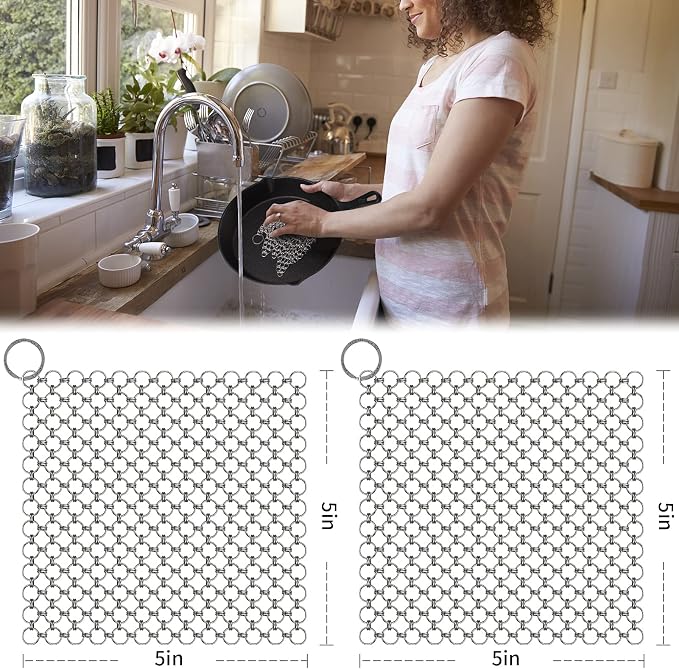 2pcs 5" Chain Mail Cast Iron Cleaner Scrubber, 316 Chainmail Scrubber | Stianless Steel Skillet Cleaning Brush, Chainmail Scrubber Metal Brush to Clean Dutch Oven Carbon Steel Wok Grill Pan Pot