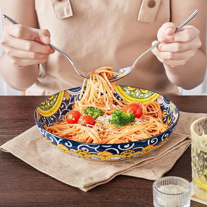 vancasso Pasta Bowls Set of 4, 42oz Ceramic Serving Bowls,Boho Pasta Plates | Large Shallow Bowls for Pasta, Salad, Soup, 42 oz Colorful Bowl Plates, Microwave and Dishwasher Safe Dinner Bowls