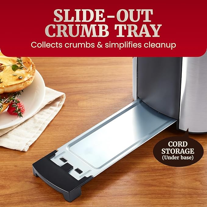 Elite Gourmet ECT3200 2-Slice Slim Toaster, Stainless Steel & Black | 1 Long Slot, 6 Toast Settings, Reheat, Defrost & Cancel, Built-In Warming Rack, Extra-Wide Slots Fit Bagels & Waffles
