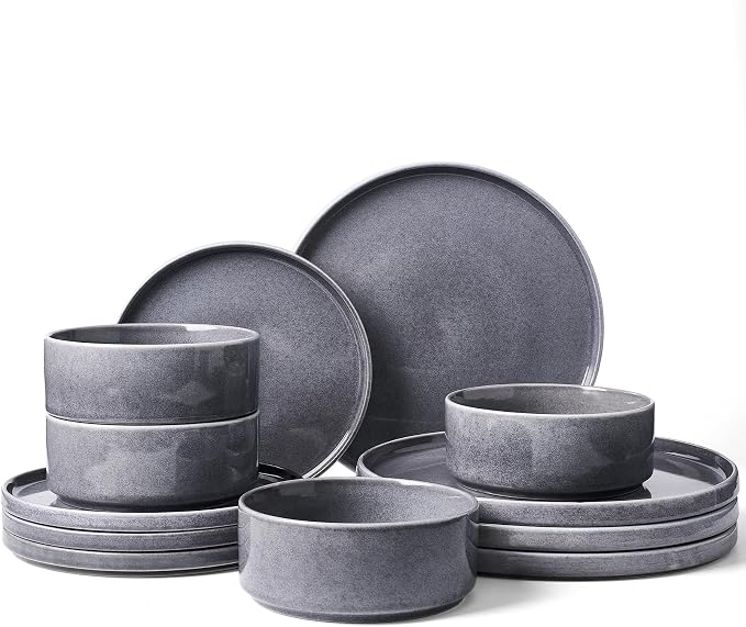 Famiware Annecy 12-Piece Stoneware Dinnerware Set, Misty Blue | Stoneware Plates and Bowls for 4, Handmade Reactive Glaze, Microwave & Dishwasher Safe, Chip & Scratch Resistant