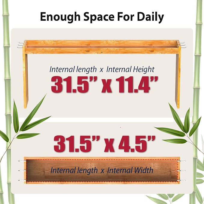 IIIOIIIA Bamboo Over the Stove Spice Shelf for Kitchen, 31.5" Spice Rack Organizer Shelf with 6 hooks, 11.4" Height Extra Storage Countertop, Easy to Assemble