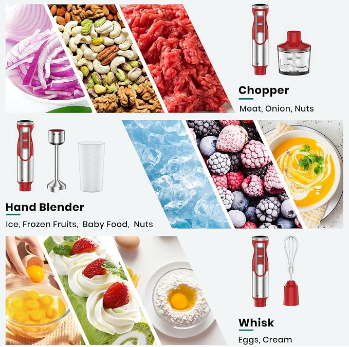 Colarlemo 1800W Immersion Blender Handheld 4-in-1 Hand Blender, Red | Stick Blender for Ice Crushing Smoothie, Baby Food, 8 Speed & Turbo Boost, Stainless Steel Blade with Whisk, Chopper, Beaker
