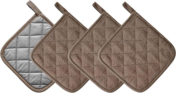 Kitchen Pot Holders Set Heat Resistant Pure Cotton Potholders Kit Trivets Large Coasters Hot Pads Terry Pot Holders for Everyday Cooking and Baking by 7 x 7 Inch Set of 4 Brown