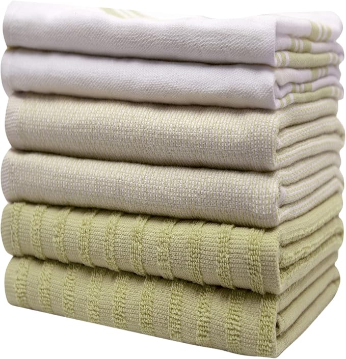 Premium Kitchen Towels 6 Pack 100% Cotton 20"x28" Dish Towels - Sage Wide | Large Flat & Terry Kitchen Linen Set with Hanging Loops, Highly Absorbent for Washing and Drying Dishes
