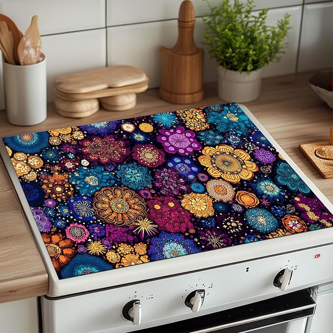 HOMETITUTE Stove Top Cover 28x20 Colorful Mandala Flower Heat Resistant Mat