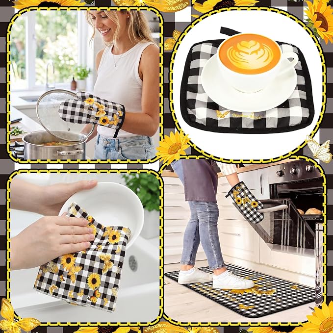 Fourluoo 10 Pcs Sunflower Kitchen Decor and Accessories Black and White Buffalo Plaid Kitchen Towels Rugs Oven Mitts and Pot Holders Set Sunflower Decorations Set for Cooking Baking Grilling Mom Gift