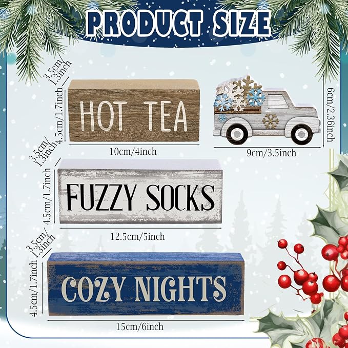 Lineshading 4 Pcs Snowflake Truck Tiered Tray Decor Wooden Block Signs | Rustic Farmhouse Style, HOT TEA FUZZY SOCKS COZY NIGHTS Text, Winter Seasonal Home Accents for Shelves Mantels Tabletops