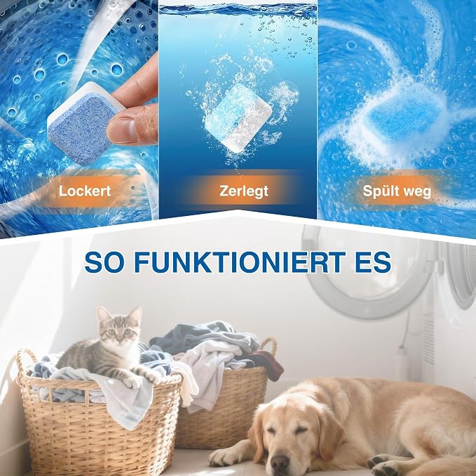 flowcheer Washing Machine Cleaner for Pet Hair 24 Tablets, 1 Year Supply | Odor Deep Cleaning Tablets for Washer Drum & Tub – Breaks Down Odor-Causing Buildup, Loosens Pet Hair Residue