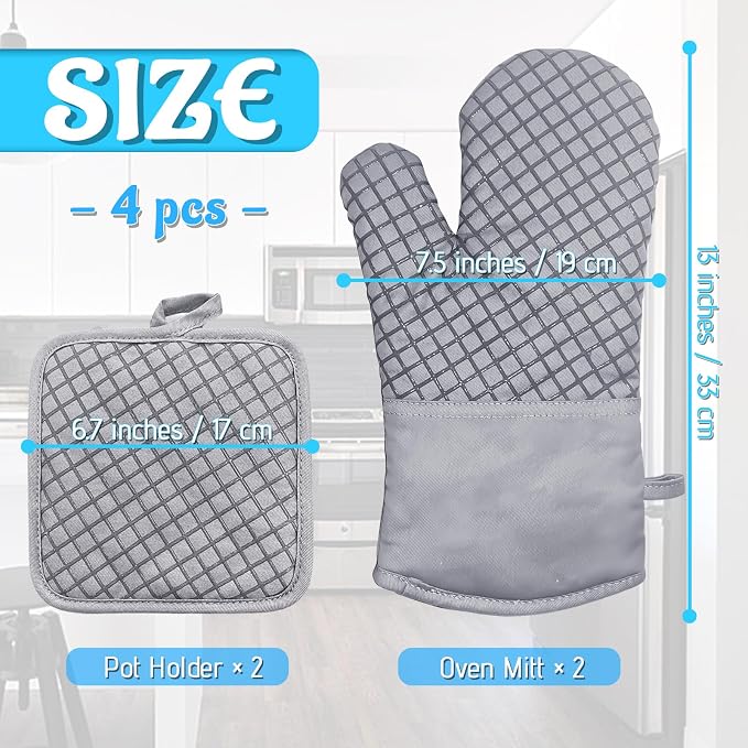 Pynqdfu 4 Pcs Oven Mitts and Pot Holders,High Heat Resistant 500 Degree Glove with Silicone Non-Slip Surface,Extra Thicken Long Kitchen Cotton Oven Glove for Baking,Cooking,Grilling(Light Gray)