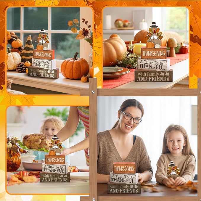 Lineshading 4 Pcs Fall Decoration For Home Wooden Thanksgiving Turkey Decor | Rustic Farmhouse Stacked Sign Blocks, Tiered Tray Tabletop Decor, Thankful Message for Home Family Gatherings