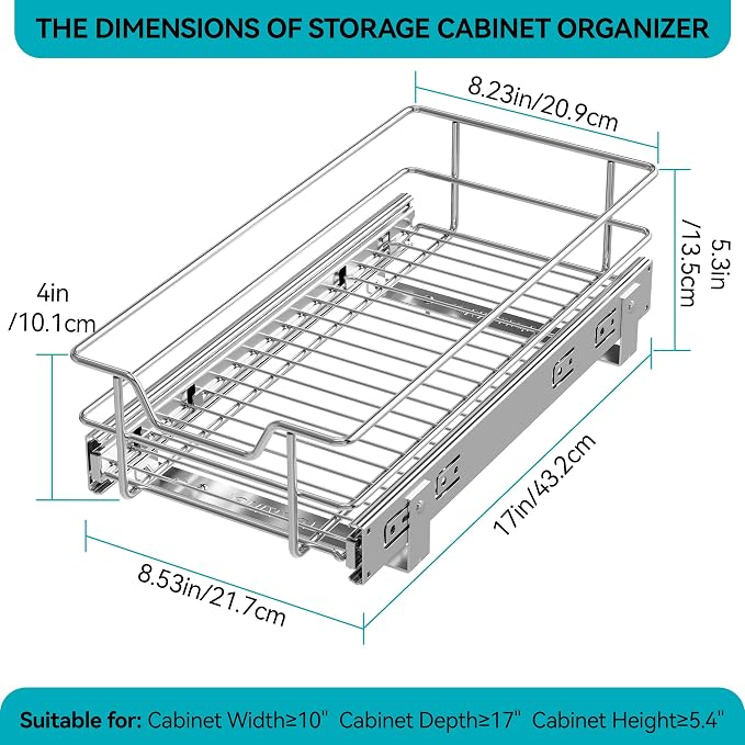 Pull Out Cabinet Organizer 9" W X 17" D, Chromed, Full Slide Out Drawers | For Kitchen Organizers and Storage, Pull Out Drawers For Cabinets Capacity Heavy Duty Caddy, Cabinet Shelves, Bathroom Pantry