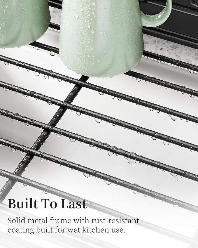 SAYZH Expandable Dish Drying Rack for Kitchen Counter, Metal, Black | Foldable Over Sink, Large Capacity, Rust-Resistant, Adjustable for Most Sinks, Automatic Drainage, Removable Utensil Holder