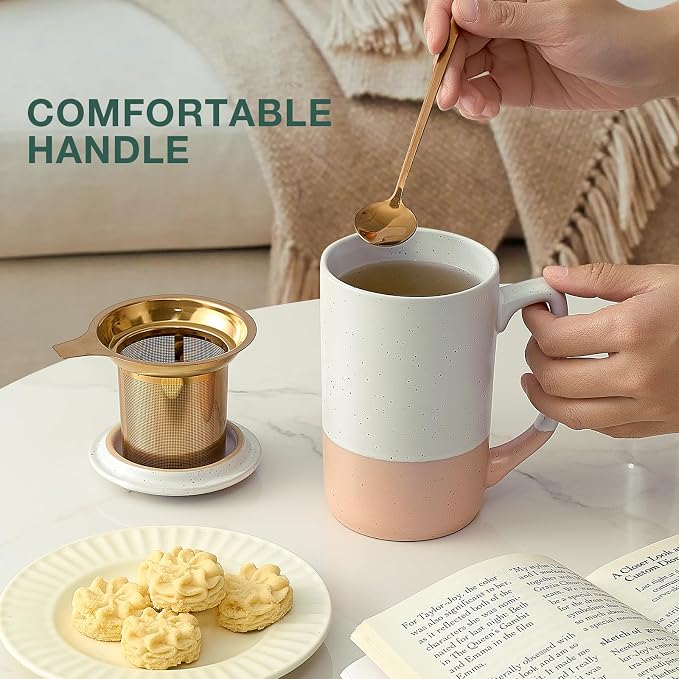 Gencywe Ceramics Large Tea Cup with Loose Leaf Infuser, Spoon and Lid, 16 oz Tall Coffee Mug, Microwave and Dishwasher Safe, Rustic Matte Ceramic Glaze, Tea Strainer (Pink)