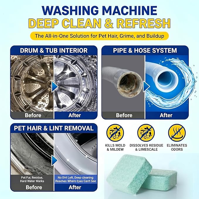 Washing Machine Cleaner Tablets-15 Pack, Formulated for Pet Owners | Compatible with HE, Top & Front Load Washer | Septic Safe | Fresh Scent | Removes Residue | Remove Stubborn Pet Hair,Residue