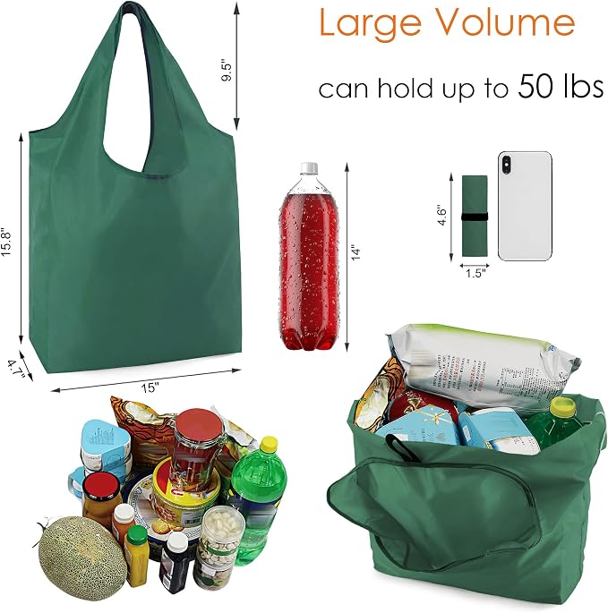 BeeGreen Christmas Green Reusable Grocery Bags Dark Green Reusable Kitchen Bags Bulk Foldable-Machine Washable with Zipper Storage Pouch 50 Packs