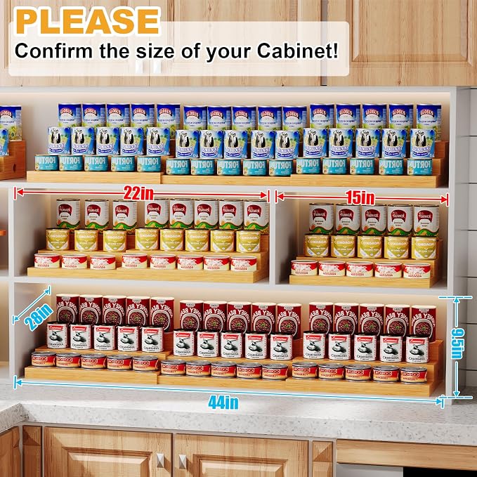 3-Tier Extra-Long Expandable Bamboo Can Rack for Pantry, Holds 45 Cans | Adjustable Pantry Can Organizer, Large Capacity Holds up to 45 Cans, Pantry Shelf & Countertop Storage (Patent Pending)