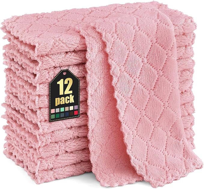 Homaxy 12 Pack Super Soft & Absorbent Dish Cloths, 10" x 10", Pink | Coral Velvet, Nonstick Oil Fast Drying Microfiber Cleaning Cloth, No Lint Household Dishcloths