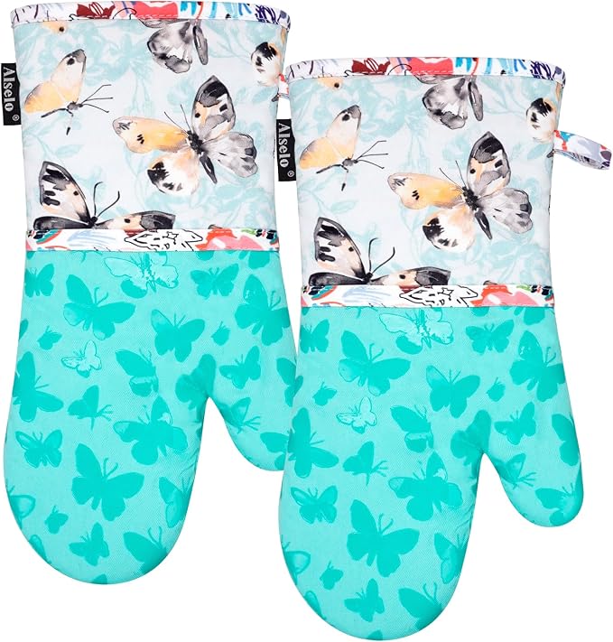 Alselo Oven Mitts 1 Pair, Silicone Printed Kitchen Mittens,7"x13.5" | Heat Resistant & Non-Slip Oven Glove, Fashion Animal Design with Soft Quilted Cotton Lining for Baking Cooking (Turquoise,2)