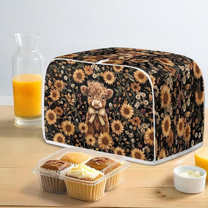 Highland Cow Sunflower Toaster Cover 4 Slice Dustproof Toaster Bread Maker Cover Small Kitchen Appliance Fingerprint Protection Kitchen Decor