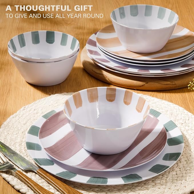 Gibson Home Cottage Stripes 12-Piece Melamine Plates and Bowls Dinnerware Set - Outdoor, Camping, & Everyday Use - Assorted Colors
