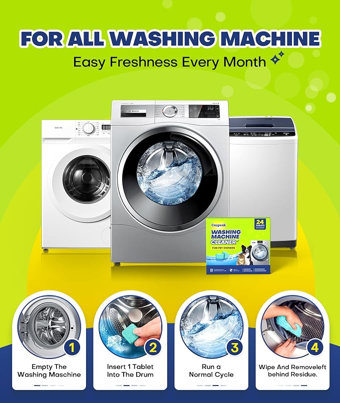 5X Power Deep Cleaning Washing Machine Cleaner Tablets, No More Odor & Pet Fur Enzyme Washing Machine Cleaning Tablets, Washer Cleaner For HE Top Front Load, Septic Safe, 24 Counts/1 Year Supply