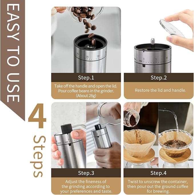 Portable Coffee Grinder Conical Burr for Espresso French Press Pour Over Double Bearing Internal Adjustment Capacity 25g (Silver-Ceramic Burr)