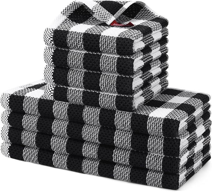 Homaxy Kitchen Towels and Dishcloths Set, Set of 8, Black & White | Bulk Cotton Waffle Weave Check Plaid Kitchen Towels, Super Soft and Absorbent Dish Cloths, 12 x 12 and 13 x 28 Inches