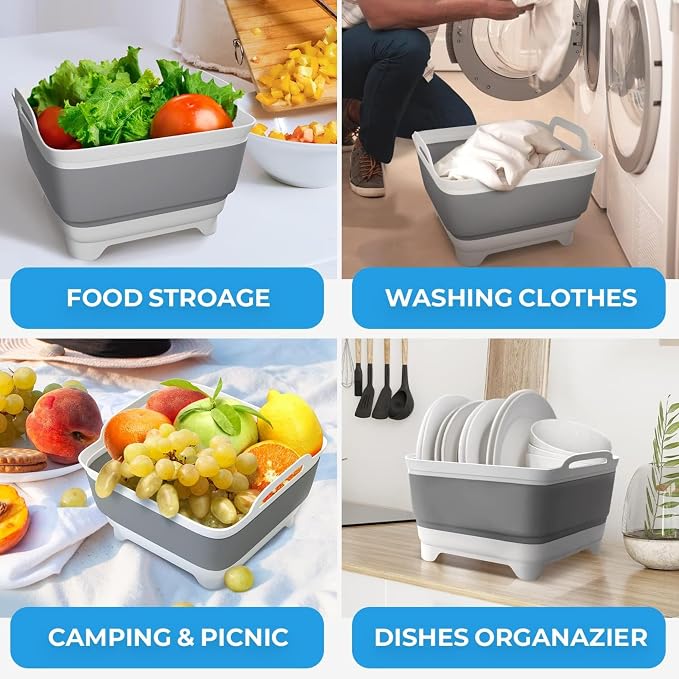 Collapsible Wash Basin with Drain Plug - 2.4 Gallon Foldable Wash Basin for Baby Bottles, Space-Saving Dish Pans for Washing Dishes in Sink, Collapsible Laundry Tub, Portable RV Camping Bin