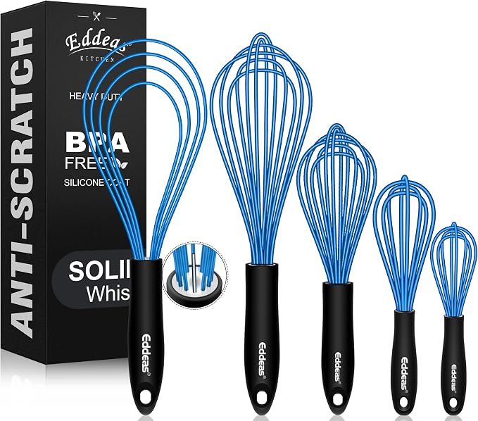 Eddeas Silicone Whisk, Non Scratch Whisk for Cooking, 5+7+9+11in Balloon Whisks, Suitable for Mixing, Blending. 11in Flat Whisks great for Ceramic Coated pans and Wider shallower pots. (Blue)