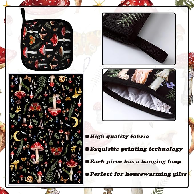 Bencailor 6 Pcs Mushroom Kitchen Towels Oven Mitts and Pot Holders Set Decorative Dish Towels Tea Washcloth Non Slip Heat Resistant Oven Gloves for Summer Home Cooking Baking, Red