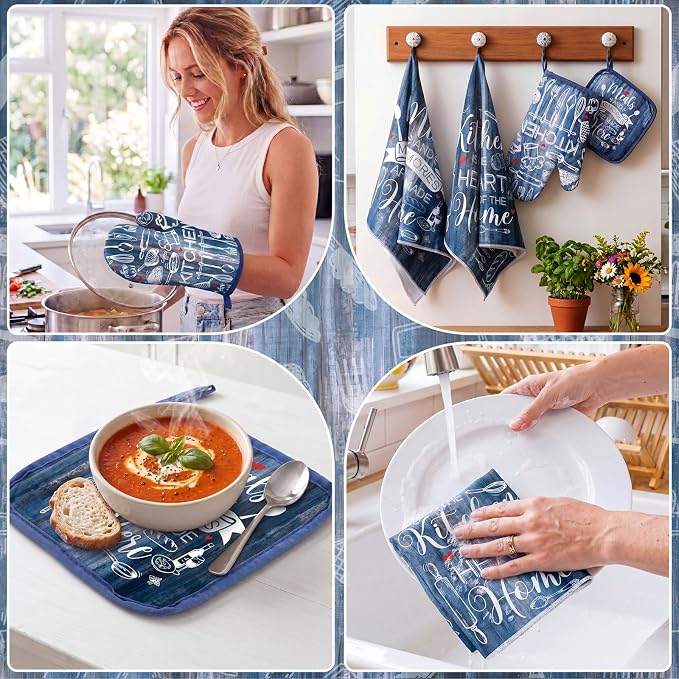 Fourluoo 10 Pcs Blue Kitchen Decor and Accessories Oven Mitts and Pot Holders Sets Farmhouse Dish Towels Blue and Gray Kitchen Rugs Mats for Home Baking Cooking Birthday Summer Decorations Women Gifts