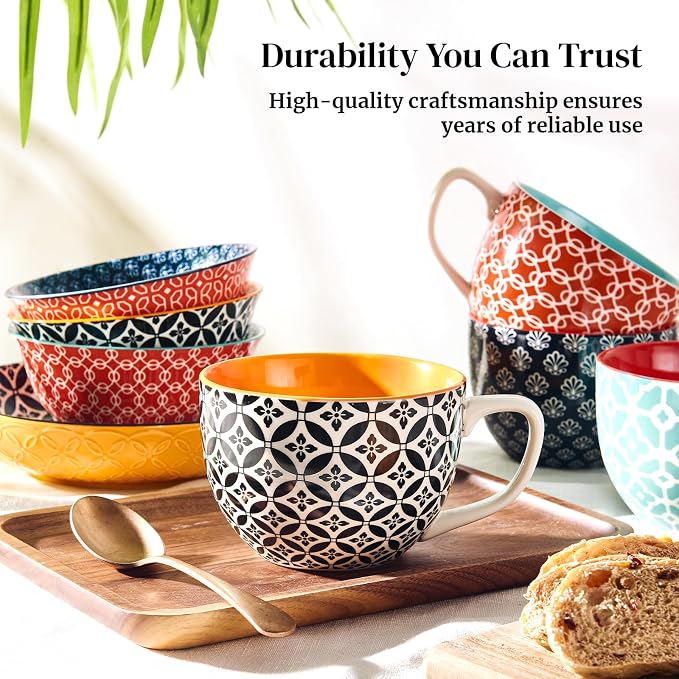 DOWAN 24 OZ Boho Mosaic Soup Mugs with Handle, Large Coffee Mugs Set of 4 | Six Design! Large Ceramic Mugs for Soup/Coffee/Cereal/Latte, Thanksgiving and Housewarming Gifts for Family and Friends