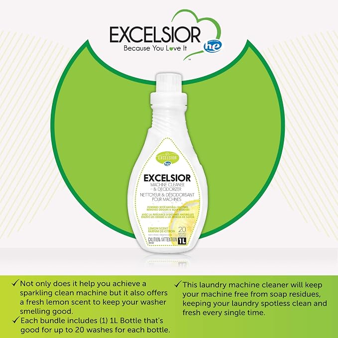 Excelsior HE Washing Machine Cleaner and Deodorizer, Removes Odors & Residues for 20 Cleanings of High Efficiency Washers, Lemon Scent, 1 Liter Bottle