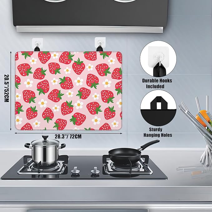Sweet Strawberry Glass Top Stove Cover Protector,Lovely Flower Stove Top Covers for Electric Stove,Washable Heat Resistant Cooktop Mat Anti-Slip Range Covers, 28 x 20 Inch