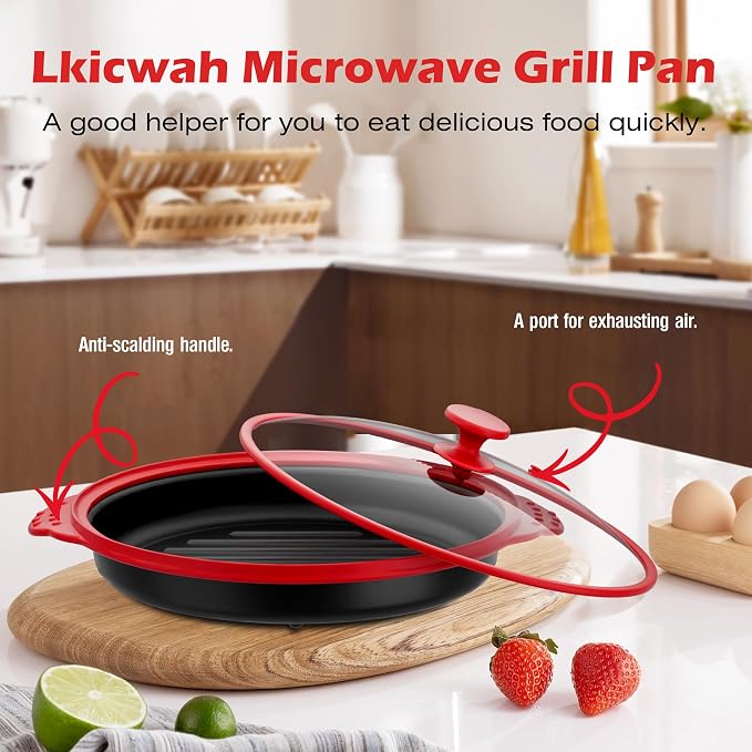 Microwave Grill Pan with Glass Splatter Cover（BPA Free） | Nonstick Microwave Crisper Pan & Cookware Accessories for Grilling Meat, Sandwich, Chicken Wings, Sausage,Dishwasher Safe