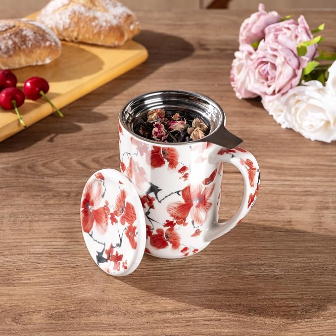 AmorArc Tea Cup With Infuser and Lid, 18oz Loose Leaf Tea Mug With Steeper | Porcelain Tea Mug With Infuser and Lid, Large Strainer Tea Cup with Lid for Tea, Coffee Mug for House-warming Birthday Gift