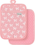 100% Cotton Pot Holders Textured Soft Silicone Grip Pink Bow | Stylish Pot Holders 2pcs, Machine Washable Non-Slip Heat Resistant Hot Pads & Oven Mitts 2-in-1, Practical Kitchen Decor