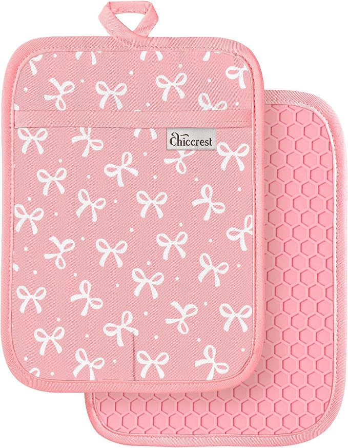 100% Cotton Pot Holders Textured Soft Silicone Grip Pink Bow | Stylish Pot Holders 2pcs, Machine Washable Non-Slip Heat Resistant Hot Pads & Oven Mitts 2-in-1, Practical Kitchen Decor