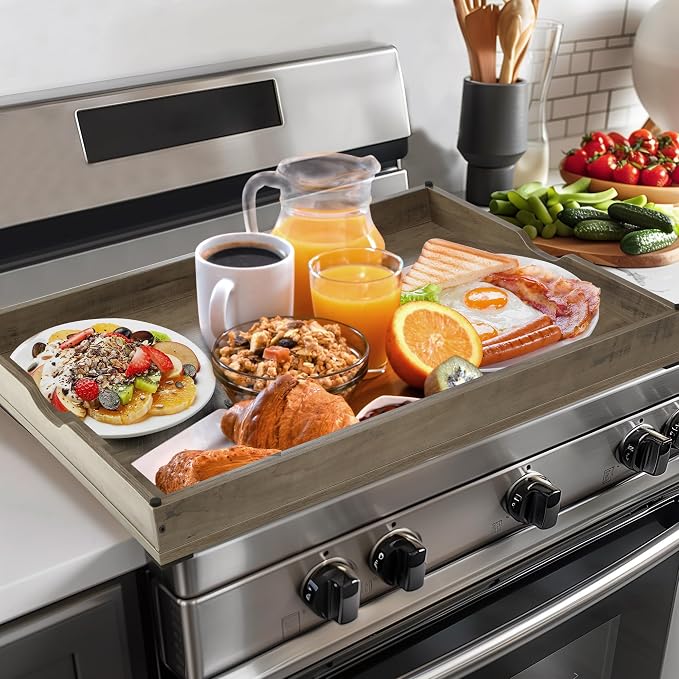 WOLKI Noodle Board Stove Covers for Gas Burners, 30"L x 22"W x 2.5"Th Heavyweight Stove Top Covers for Electric Stove, Buil-in Handles, RV Stove Cover, Sink Cover, Wooden Serving Tray (Grey)
