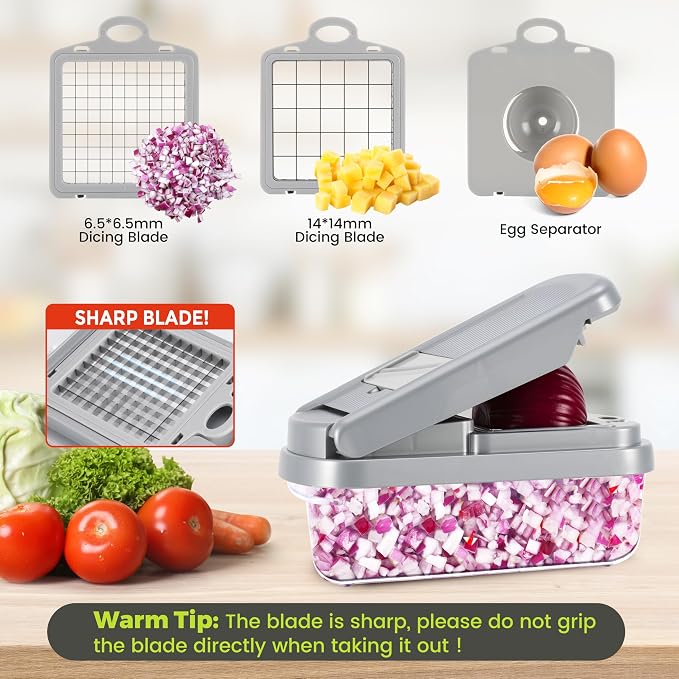 Yusshn Vegetable Chopper, 12-in-1 Food Veggie Chopper Cutter with Container | 7 Sharp Blades Dice, Slice, Shred and Grate for Salads, Onions and Meal Prep, with a Non-Slip Base and Drain Basket