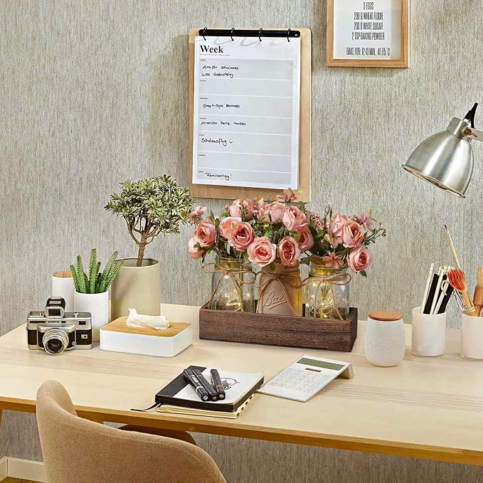 3 Pcs Mason Jar Centerpiece Table Decorations for Dining Table Decor Farmhouse Coffee Table Decor with Wood Tray and Led Light Table Centerpieces for Dining Room Kitchen Living Bathroom,Pink | Rustic Farmhouse Decor for Home Décor Accents Kitchen Count...