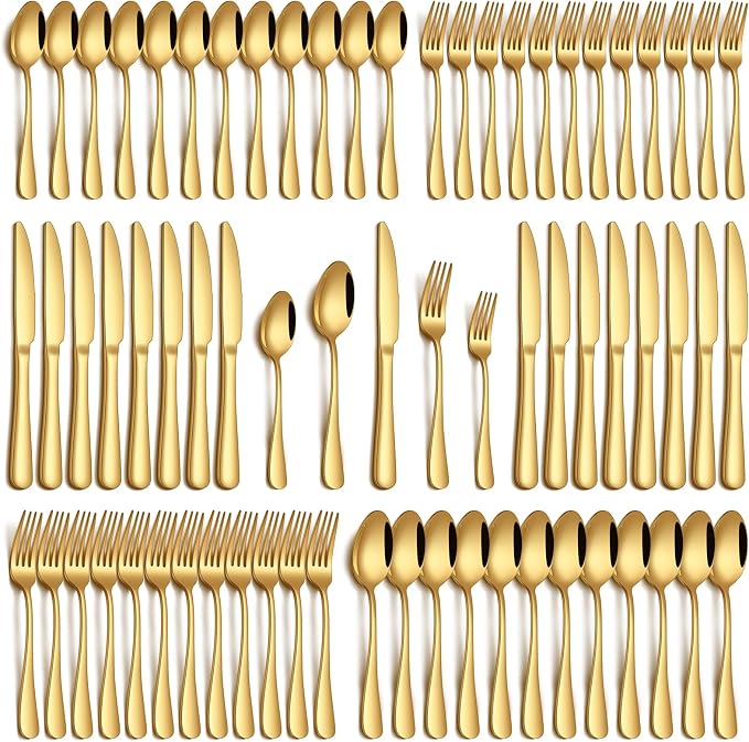 PHILIPALA 60 Piece Gold Silverware Set, Stainless Steel Flatware Set for 12 Food Grade Novelty Flatware Cutlery Utensil Set Include Knife Fork Spoon Mirror Polished Dishwasher Safe