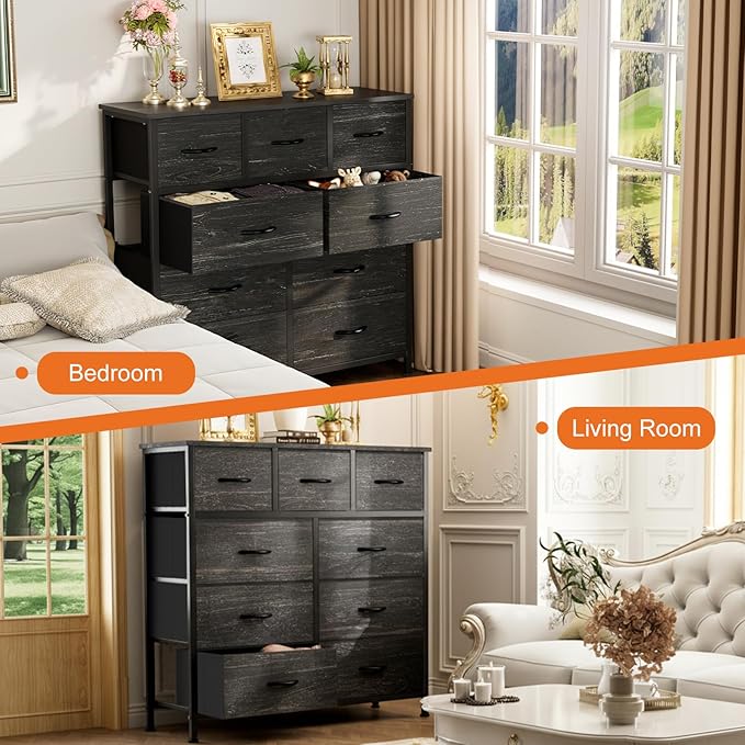 Sweetcrispy 9 Drawer Fabric Dresser Storage Tower Drawer Organizer | Sturdy Steel Frame with Wood-top, Easy-pull Handles, Space-Saving Organizer Chest for Bedroom, Closet, Black Wood Grain