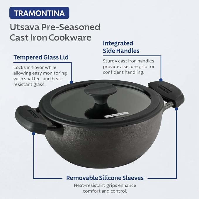 Tramontina Utsava Pre-Seasoned Cast Iron 2.3-Quart Kadai with Lid | Small Kadhai Pot for Indian Cooking