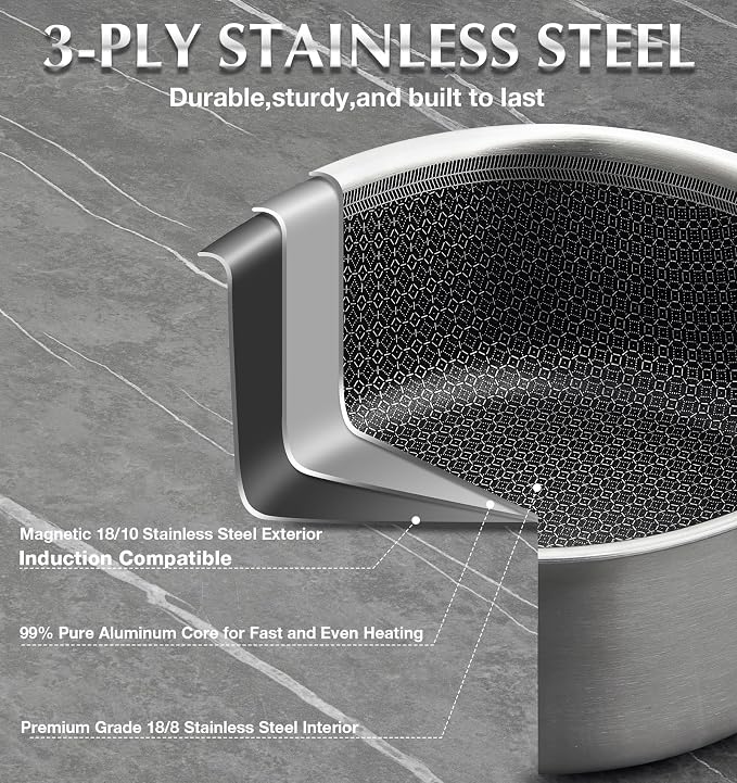 KOCH SYSTEME CS Hybrid Nonstick Stainless Steel Saucepan, 2 Quart Tri-Ply Stainless Steel Sauce Pan with Nonstick Honeycomb Interior, Hybrid Sauce Pan with Lid, Small Steel Pot, Induction Compatible