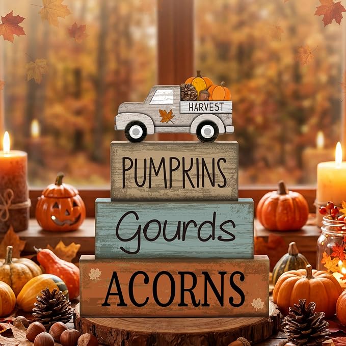 Lineshading 4 Pcs Fall Table Decoration for Home Rutic Fall Truck Decor | Rustic Farmhouse Block Signs, Stackable Pumpkins Gourds Acorns Design, Harvest Truck Theme for Seasonal Home Decor