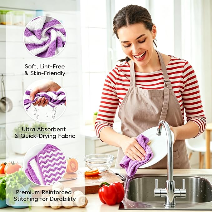 Microfiber Cleaning Cloths, 6 Pack Purple Kitchen Towels | 13.5x29 Inch, Ultra Soft Super Absorbent, Lint Free Dish Towels with Hanging Loop, Reusable for Household Cleaning